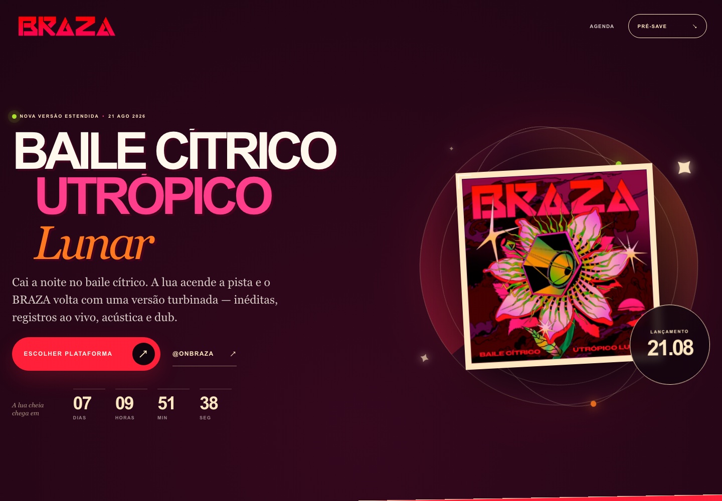 Landing da campanha Baile Cítrico Utrópico Lunar do BRAZA, com lançamento, capa e chamada para plataformas