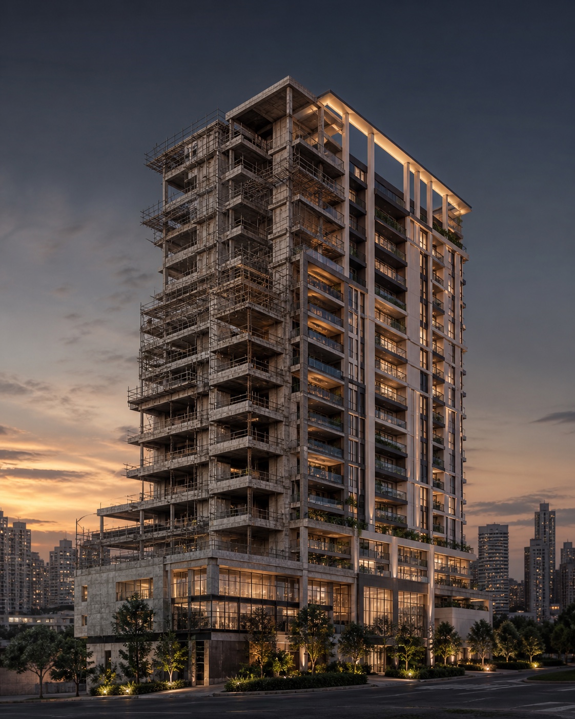 Edifício residencial mostrado metade em construção e metade finalizado