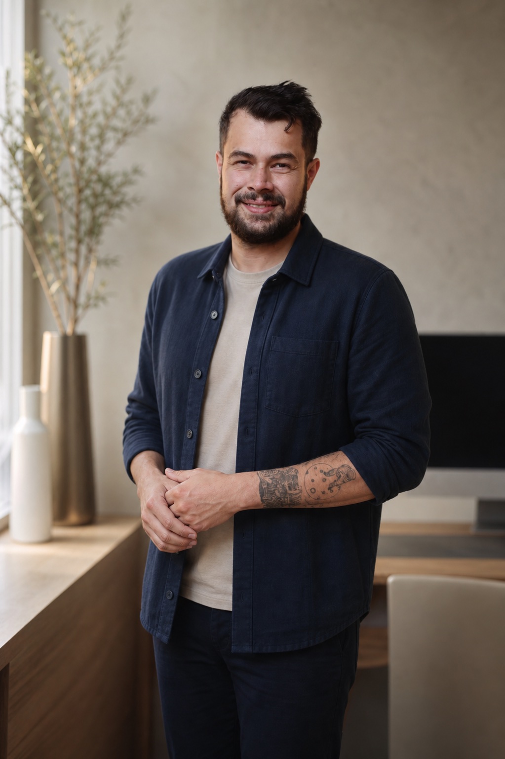 Retrato de Vinicius Theodoro em roupa casual, em um ambiente de trabalho contemporâneo
